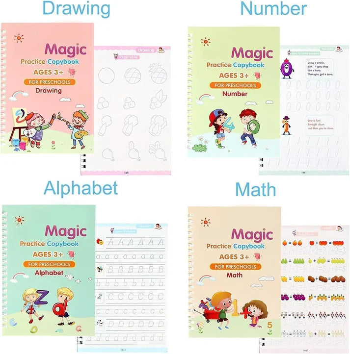 4-in-1 Magic Copybook Set for Kids (3+) – Reusable Writing Practice Books