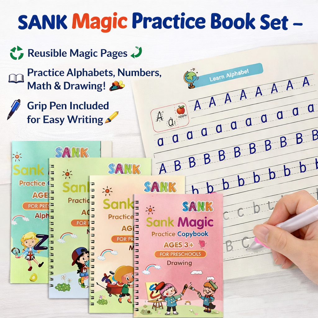 4-in-1 Magic Copybook Set for Kids (3+) – Reusable Writing Practice Books